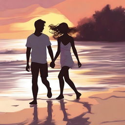 A high-quality digital art piece showcasing a teen couple on a beach
