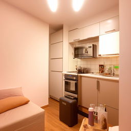 A compact 1 room kitchen (1 RK) apartment, fully furnished with modern amenities. The room is brightly lit, featuring a comfortable bed, a compact kitchen area with modern appliances, a cozy dining space, and a neat, clean bathroom.