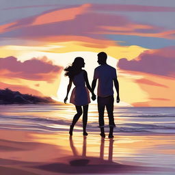 A high-quality digital art piece showcasing a teen couple on a beach