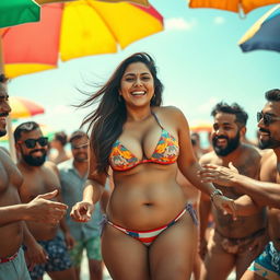 A lively South Asian woman with a fuller figure, proudly wearing a stylish bikini, immersed in a vibrant beach party scene