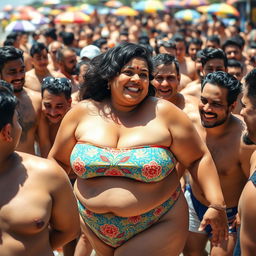 An overweight South Asian woman wearing a vibrant bikini, confidently enjoying her time at the beach