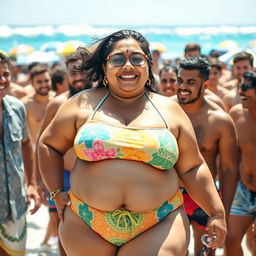 An overweight South Asian woman wearing a vibrant bikini, confidently enjoying her time at the beach