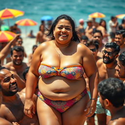 An overweight South Asian woman wearing a vibrant bikini, confidently enjoying her time at the beach