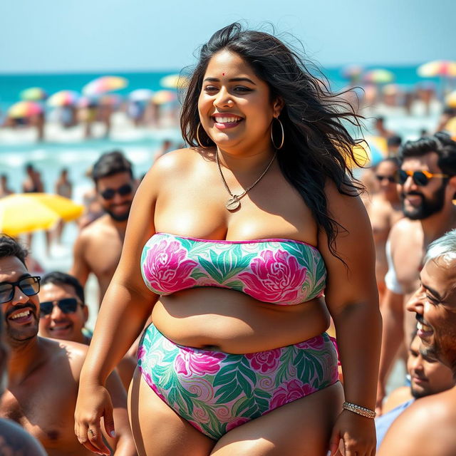 An overweight South Asian woman wearing a vibrant bikini, confidently enjoying her time at the beach