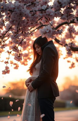 A romantic scene depicting a beautiful couple standing under a blooming sakura tree, with soft petals falling around them, evoking a sense of destiny and passion