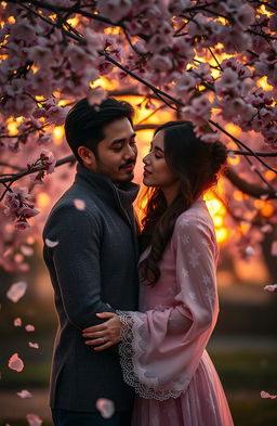 A romantic scene depicting a beautiful couple standing under a blooming sakura tree, with soft petals falling around them, evoking a sense of destiny and passion
