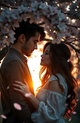 A romantic scene depicting a beautiful couple standing under a blooming sakura tree, with soft petals falling around them, evoking a sense of destiny and passion
