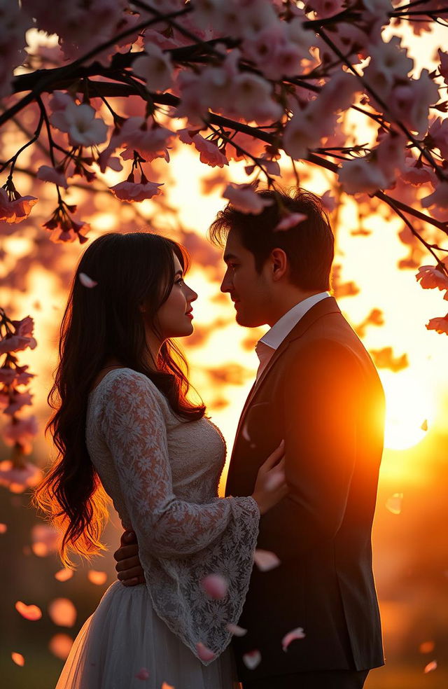 A romantic scene depicting a beautiful couple standing under a blooming sakura tree, with soft petals falling around them, evoking a sense of destiny and passion