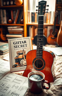 A close-up of a beautifully designed guitar, with intricate details highlighting the craftsmanship