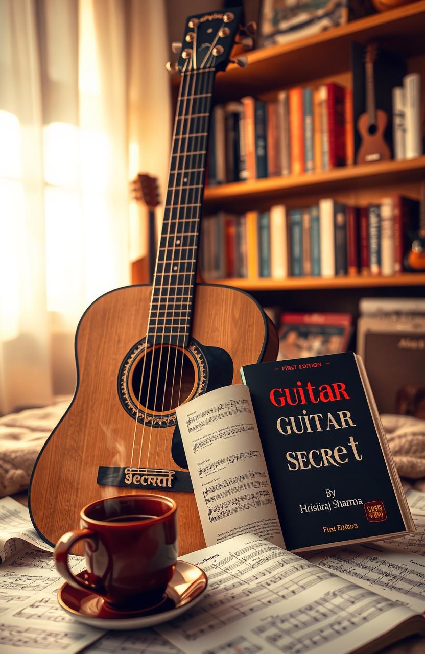 A close-up of a beautifully designed guitar, with intricate details highlighting the craftsmanship