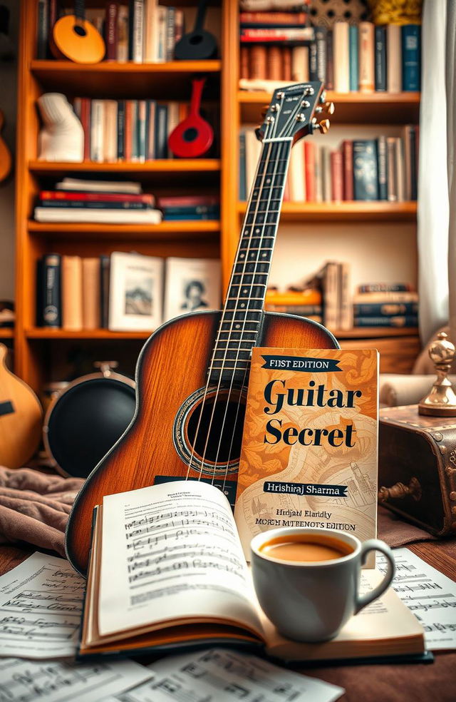 A close-up of a beautifully designed guitar, with intricate details highlighting the craftsmanship