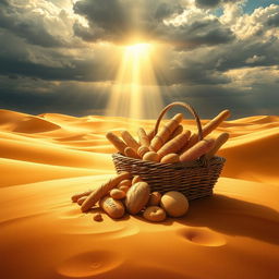 A striking book cover illustration depicting a vast desert landscape with rolling golden dunes under a dramatic sky