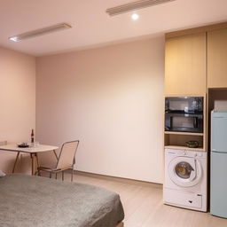 A compact 1 room kitchen (1 RK) apartment, fully furnished with modern amenities. The room is brightly lit, featuring a comfortable bed, a compact kitchen area with modern appliances, a cozy dining space, and a neat, clean bathroom.