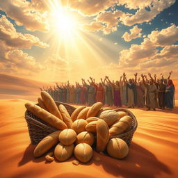A dramatic book cover illustration depicting a vast desert landscape with golden dunes under a vibrant sky filled with soft clouds
