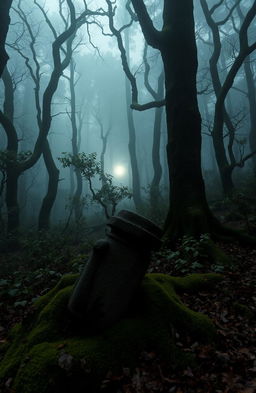 A captivating and atmospheric scene depicting an ancient, fog-shrouded forest with tall, twisted trees, where a faint, glowing light emerges from the distance