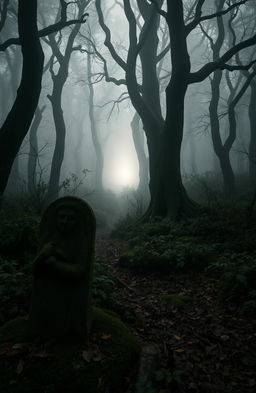A captivating and atmospheric scene depicting an ancient, fog-shrouded forest with tall, twisted trees, where a faint, glowing light emerges from the distance