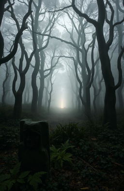 A captivating and atmospheric scene depicting an ancient, fog-shrouded forest with tall, twisted trees, where a faint, glowing light emerges from the distance