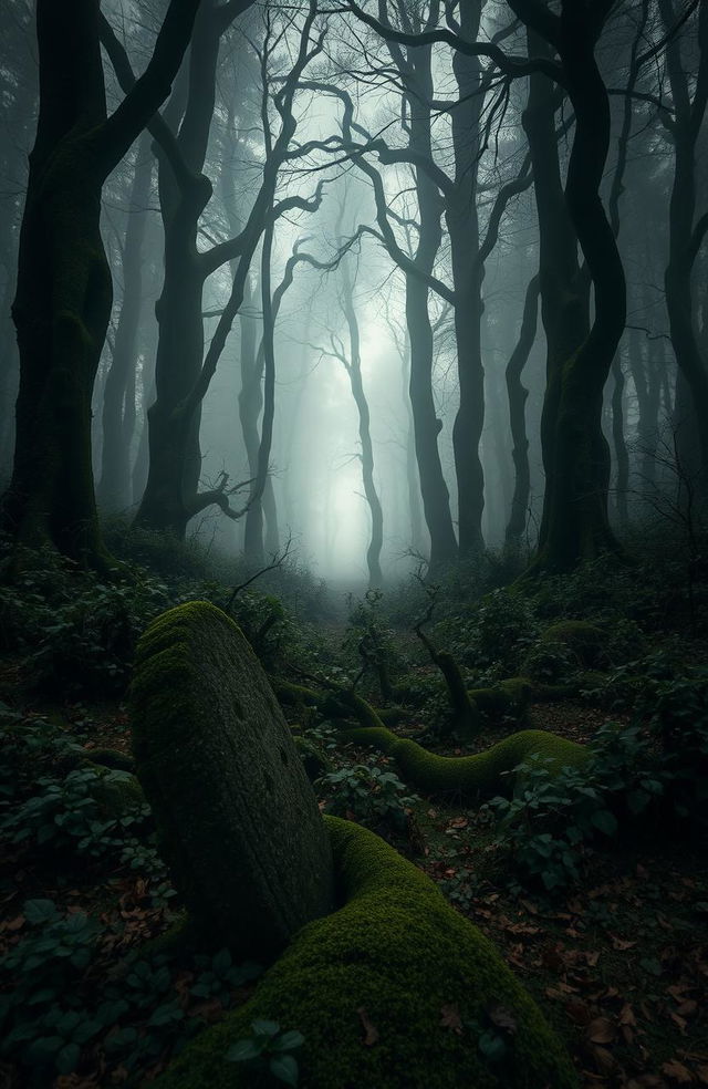 A captivating and atmospheric scene depicting an ancient, fog-shrouded forest with tall, twisted trees, where a faint, glowing light emerges from the distance