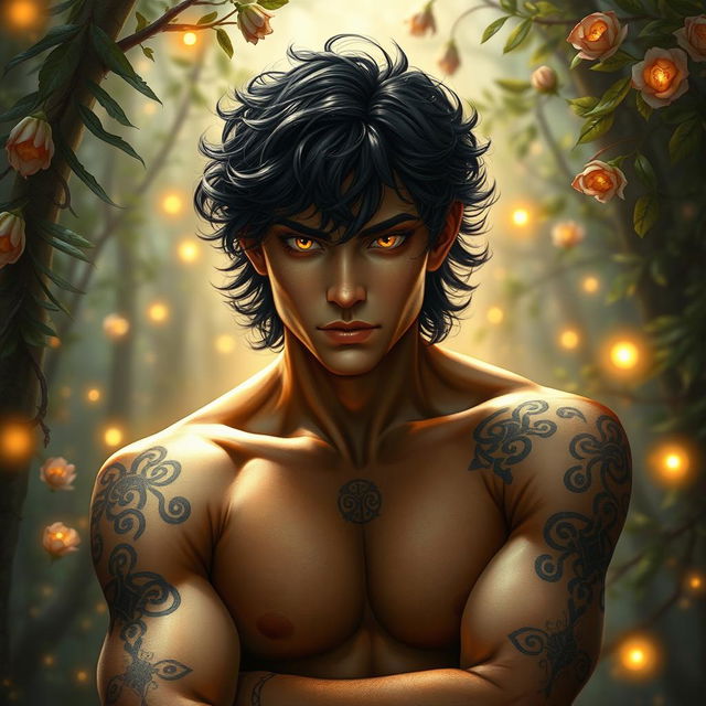 A stunningly handsome Fae male with mesmerizing golden eyes that glow with an otherworldly allure