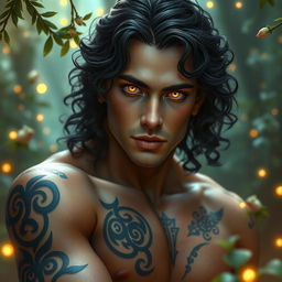 A stunningly handsome Fae male with mesmerizing golden eyes that glow with an otherworldly allure