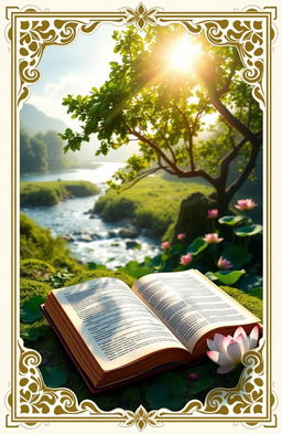 A beautiful depiction of Geeta, the sacred text of Hindu philosophy, laid open on a lush green landscape