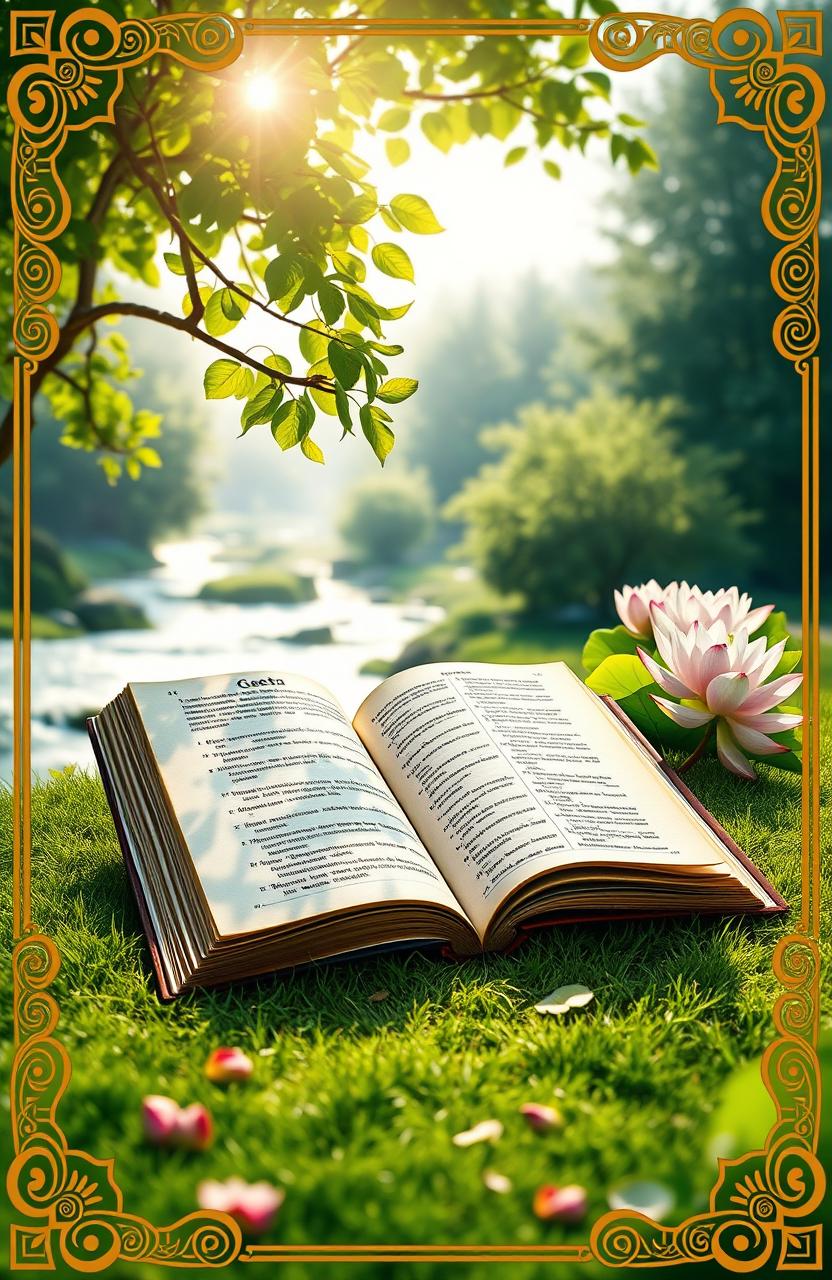 A beautiful depiction of Geeta, the sacred text of Hindu philosophy, laid open on a lush green landscape