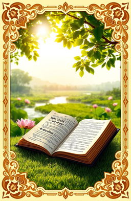 A beautiful depiction of Geeta, the sacred text of Hindu philosophy, laid open on a lush green landscape