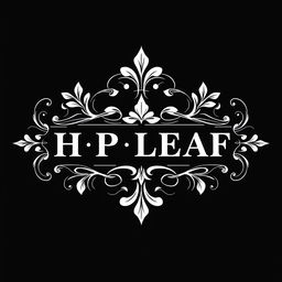 An intricate black and white logo design featuring the text 'H P LEAF' prominently in a decorative, vintage style