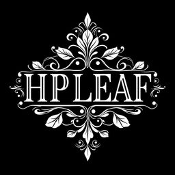 An intricate black and white logo design featuring the text 'H P LEAF' prominently in a decorative, vintage style