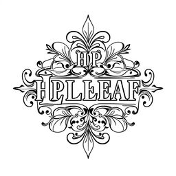 An intricate black and white logo design featuring the text 'H P LEAF' prominently in a decorative, vintage style