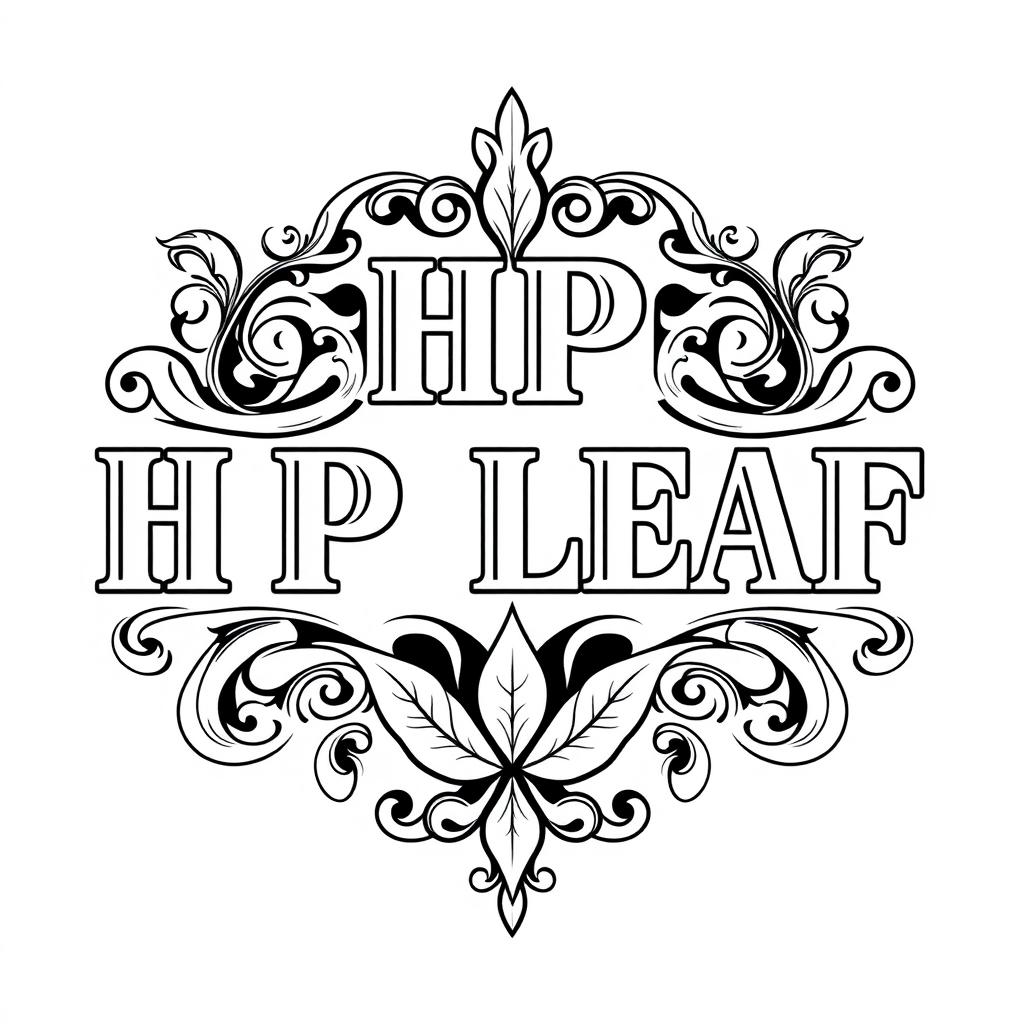 An intricate black and white logo design featuring the text 'H P LEAF' prominently in a decorative, vintage style