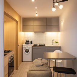 A compact 1 room kitchen (1 RK) apartment, fully furnished with modern amenities. The room is brightly lit, featuring a comfortable bed, a compact kitchen area with modern appliances, a cozy dining space, and a neat, clean bathroom.