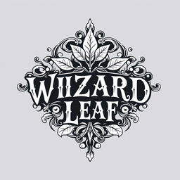 An intricate black and white logo design featuring the text 'WIZARD LEAF' prominently in a decorative, vintage style