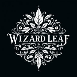 An intricate black and white logo design featuring the text 'WIZARD LEAF' prominently in a decorative, vintage style