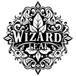 An intricate black and white logo design featuring the text 'WIZARD LEAF' prominently in a decorative, vintage style