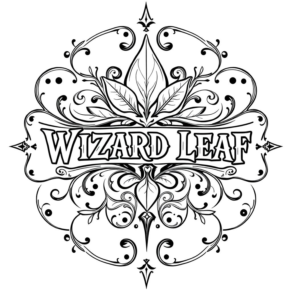 An intricate black and white logo design featuring the text 'WIZARD LEAF' prominently in a decorative, vintage style