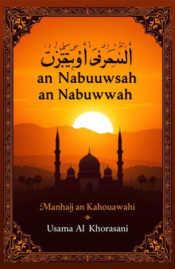 A book cover design featuring the title "Manhaj an Nabuwwah" in bold Arabic calligraphy at the top, set against a beautiful sunrise over a traditional Islamic landscape with minarets and palm trees