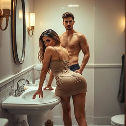 A sexy woman leaning on a bathroom sink, her body angled backward with her buttocks stretched, wearing a short dusty dress that accentuates her curves