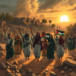A poignant illustration of the resilience and spirit of the Palestinian people, depicting a war-torn landscape filled with rubble and dust, symbolizing lost hope