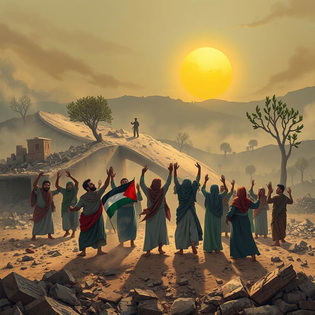 A poignant illustration of the resilience and spirit of the Palestinian people, depicting a war-torn landscape filled with rubble and dust, symbolizing lost hope