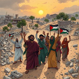 A poignant illustration of the resilience and spirit of the Palestinian people, depicting a war-torn landscape filled with rubble and dust, symbolizing lost hope