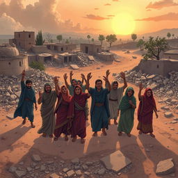 A poignant illustration of the resilience and spirit of the Palestinian people, depicting a war-torn landscape filled with rubble and dust, symbolizing lost hope