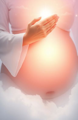 A divine hand gently cradling a pregnant belly, emphasizing the connection between the hand and the life within