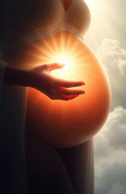 A divine hand gently cradling a pregnant belly, emphasizing the connection between the hand and the life within
