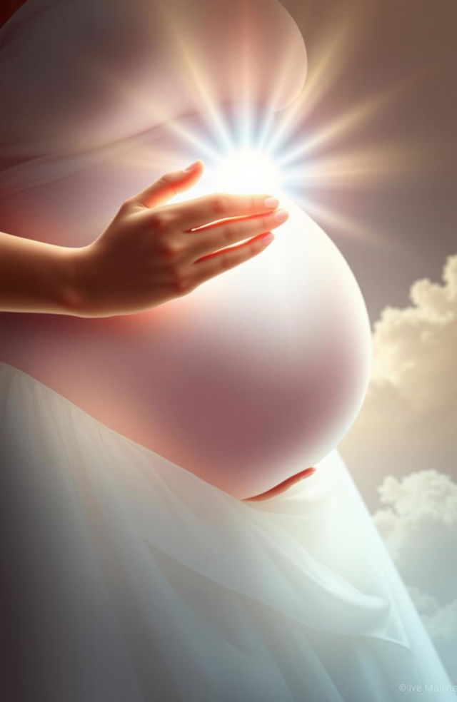 A divine hand gently cradling a pregnant belly, emphasizing the connection between the hand and the life within