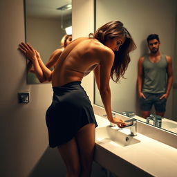 A sexy woman leaning on a bathroom sink with both hands, her silhouette accentuating her curves and her buttocks stretched backwards