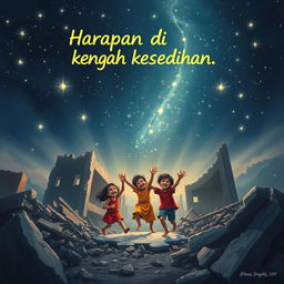 A poignant yet hopeful scene illustrating the phrase "Harapan di tengah kesedihan" (Hope amidst sadness)