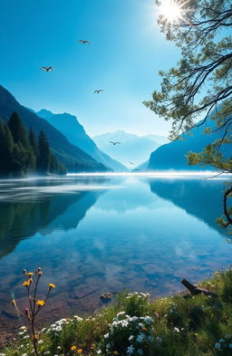 A serene and inspiring landscape, showcasing the color blue in various forms, symbolizing the essence of life