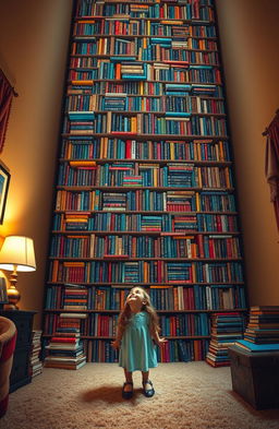 A towering, infinitely tall bookshelf filled with an endless array of colorful books, vividly illuminated in a warmly lit room