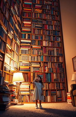 A towering, infinitely tall bookshelf filled with an endless array of colorful books, vividly illuminated in a warmly lit room